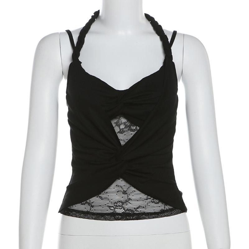 Halter ruched lace patchwork v neck cami top