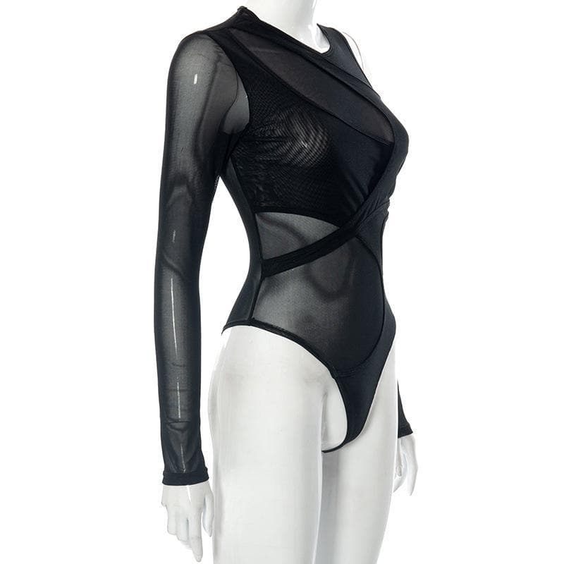 Long sleeve off shoulder irregular sheer mesh bodysuit