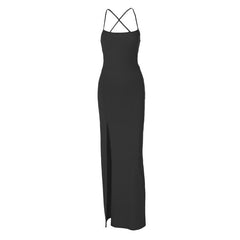 High slit ruched cross back solid cami maxi dress  | red tango dress  | black rave dress