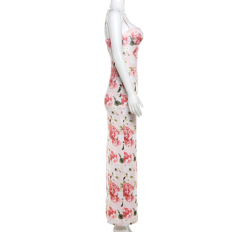 Print lace hem sweetheart neck slit cami maxi dress