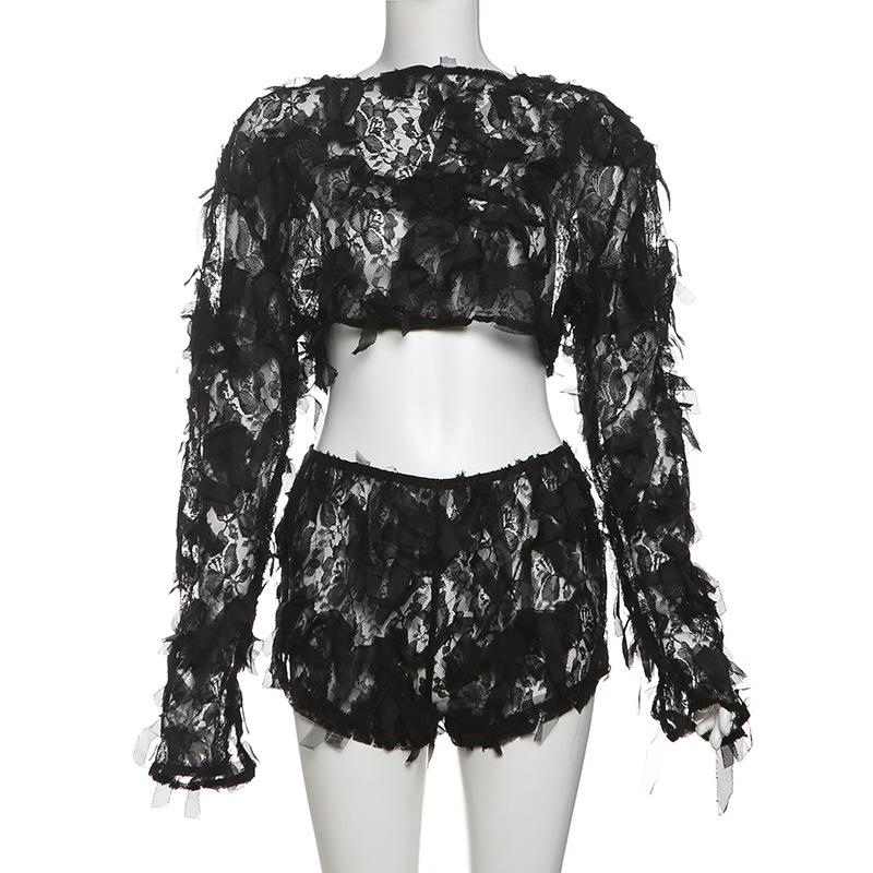Long sleeve mesh ruffle crop short pant set