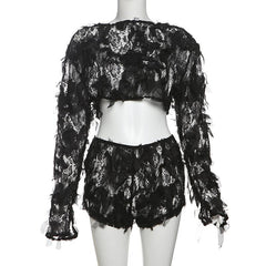 Long sleeve mesh ruffle crop short pant set