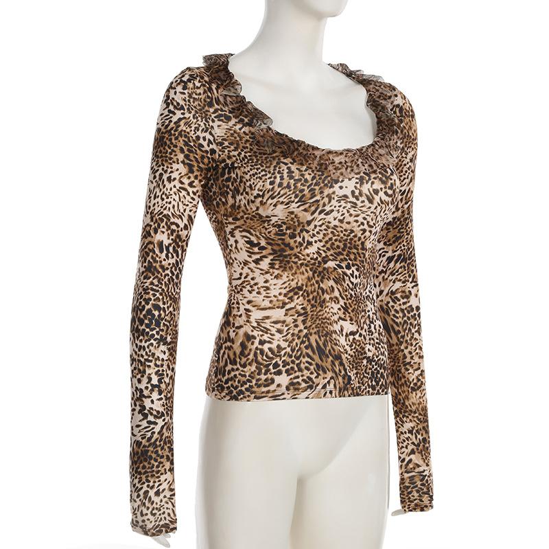 Long sleeve leopard print ruffle top