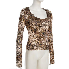 Long sleeve leopard print ruffle top