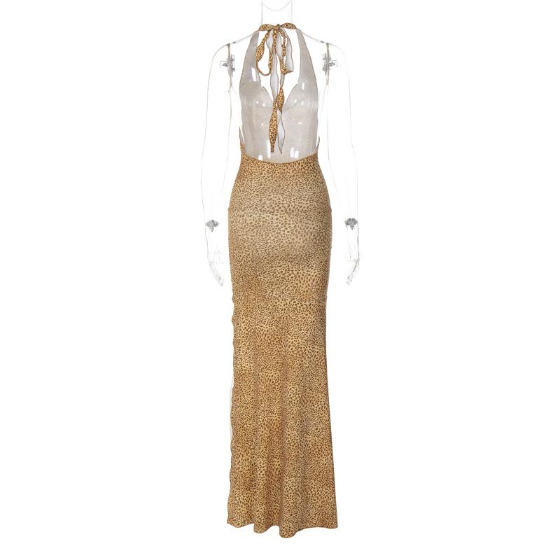 Halter cowl neck print high slit ruched maxi dress