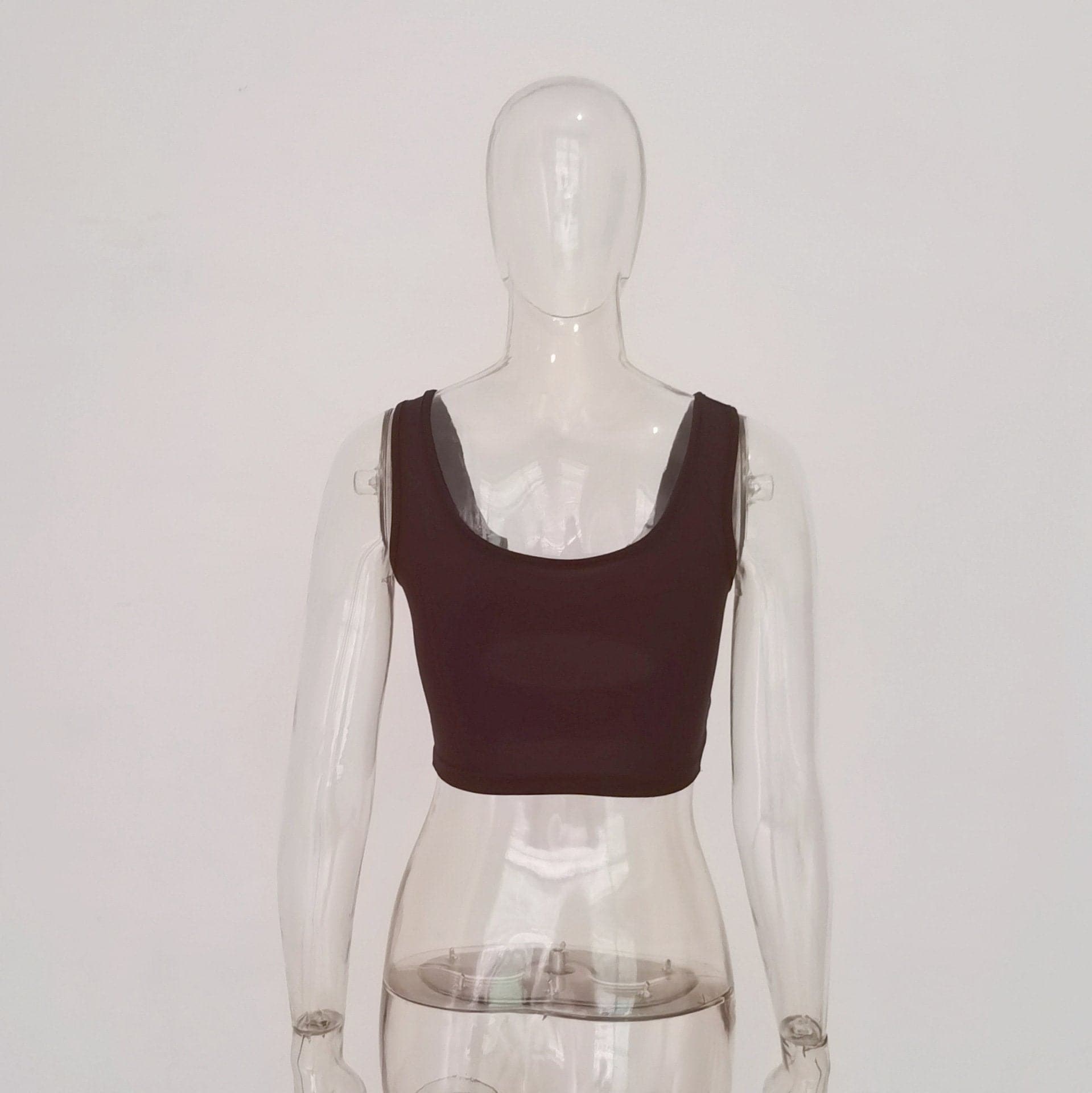 Double layered U neck low cut hollow out solid crop cut out top