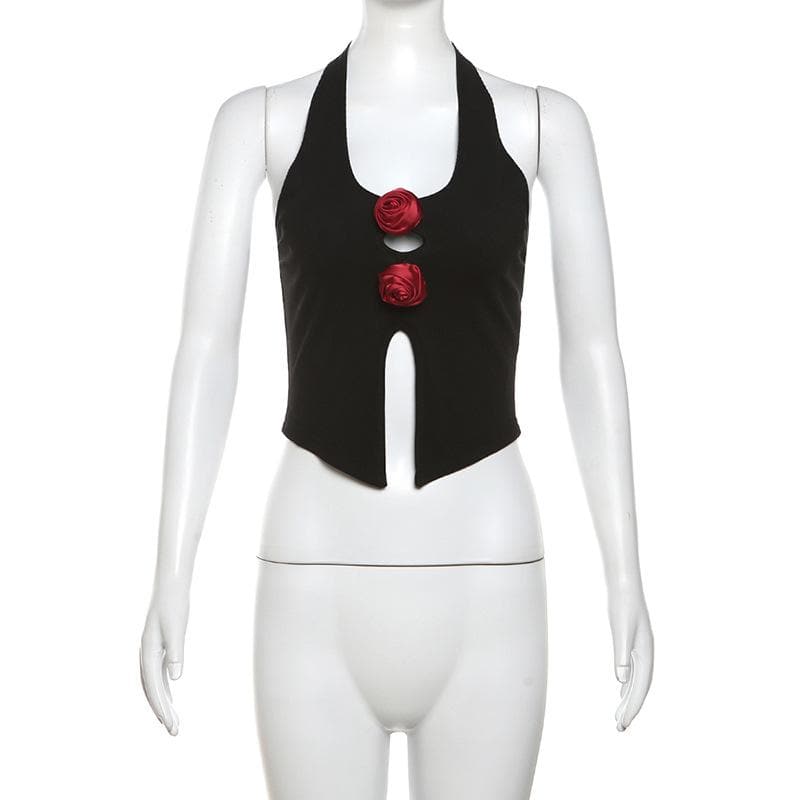Halter u neck flower applique hollow out crop cut out top