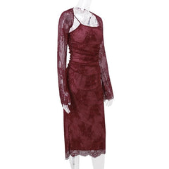 Long sleeve lace up shrug 2 piece cami midi dress  | red tango dress