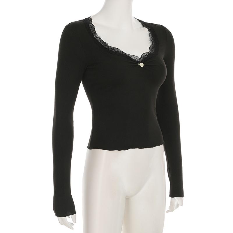 V neck long sleeve lace hem flower applique top
