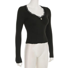 V neck long sleeve lace hem flower applique top