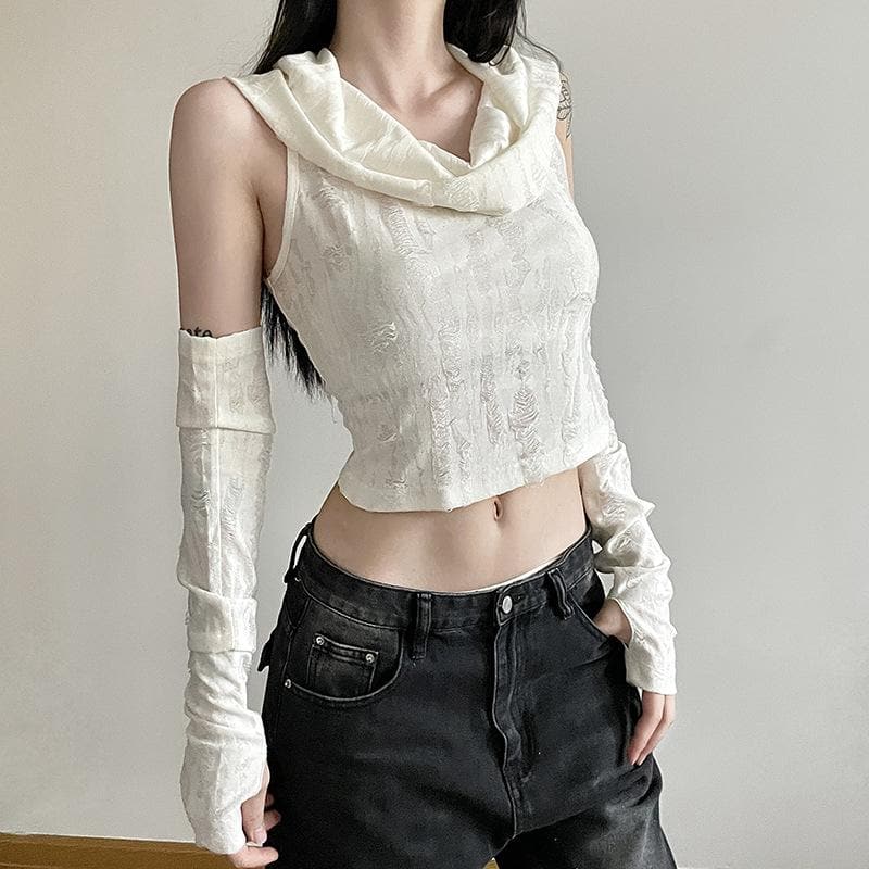 Textured off shoulder hoodie gloves cowl neck crop top