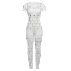 Hollow out short sleeve crewneck knitted backless jumpsuit