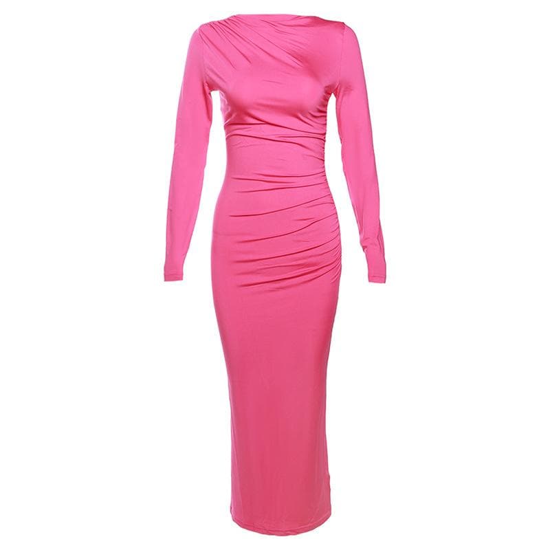 Ruched solid long sleeve zip-up maxi dress  | red tango dress
