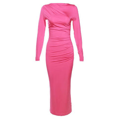 Ruched solid long sleeve zip-up maxi dress  | red tango dress