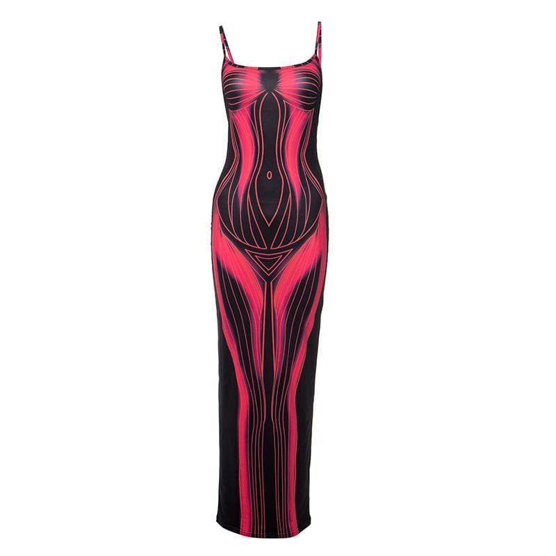 Body print contrast square neck backless cami maxi dress  | red tango dress
