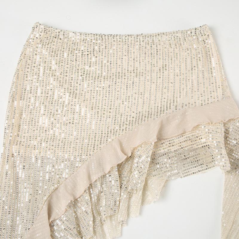 Glitter irregular ruffle mesh midi skirt