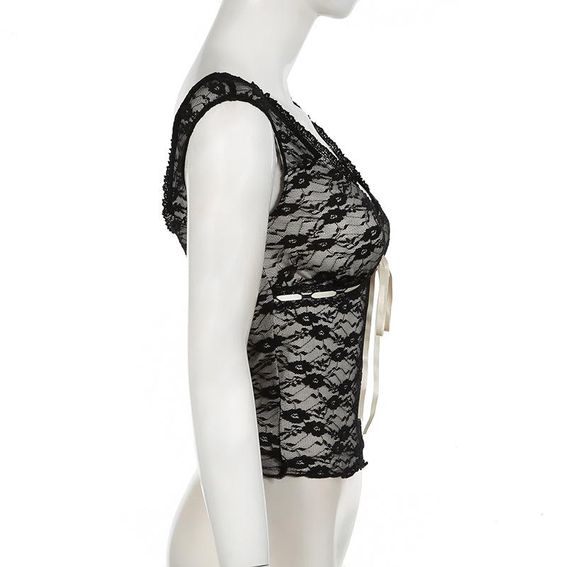 Cap sleeve v neck lace knotted backless top