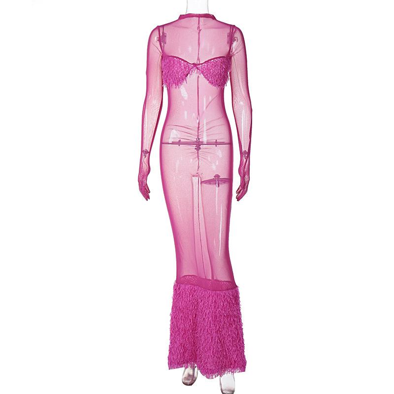 Long sleeve gloves high neck feather mesh see through maxi dress  | red tango dress