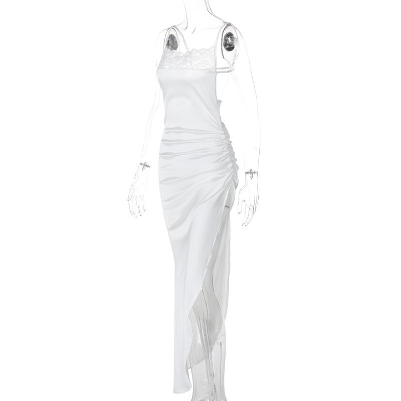 Lace satin patchwork irregular high slit ruched cami maxi dress