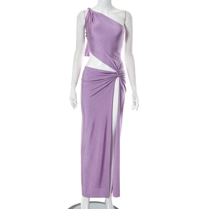 Knotted irregular one shoulder hollow out slit maxi dress  | red tango dress