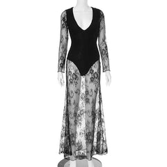 Long sleeve v neck lace maxi dress