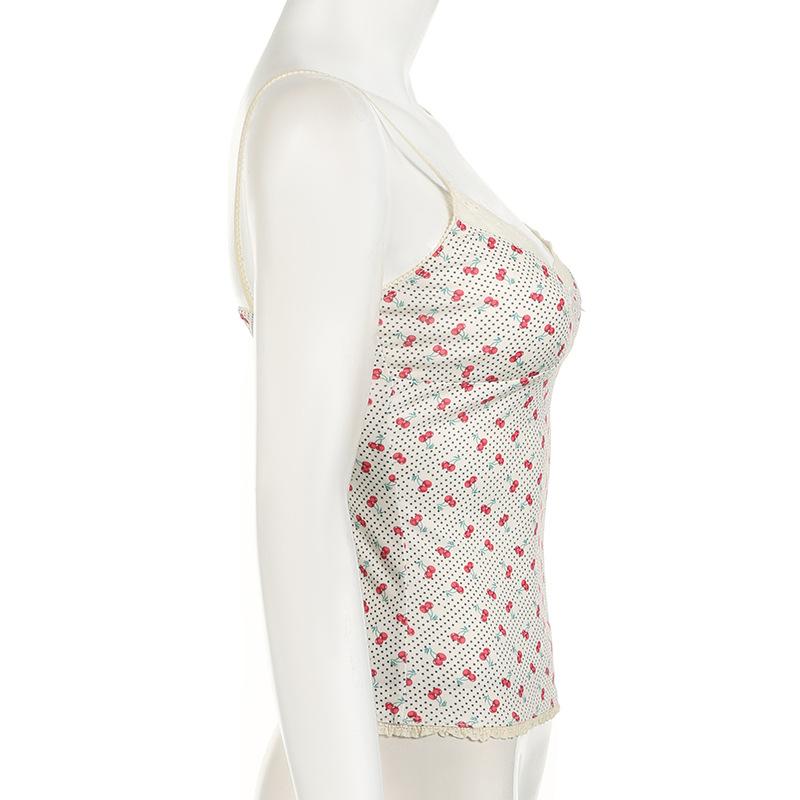 V neck cherry print bowknot lace hem polka dot cami top