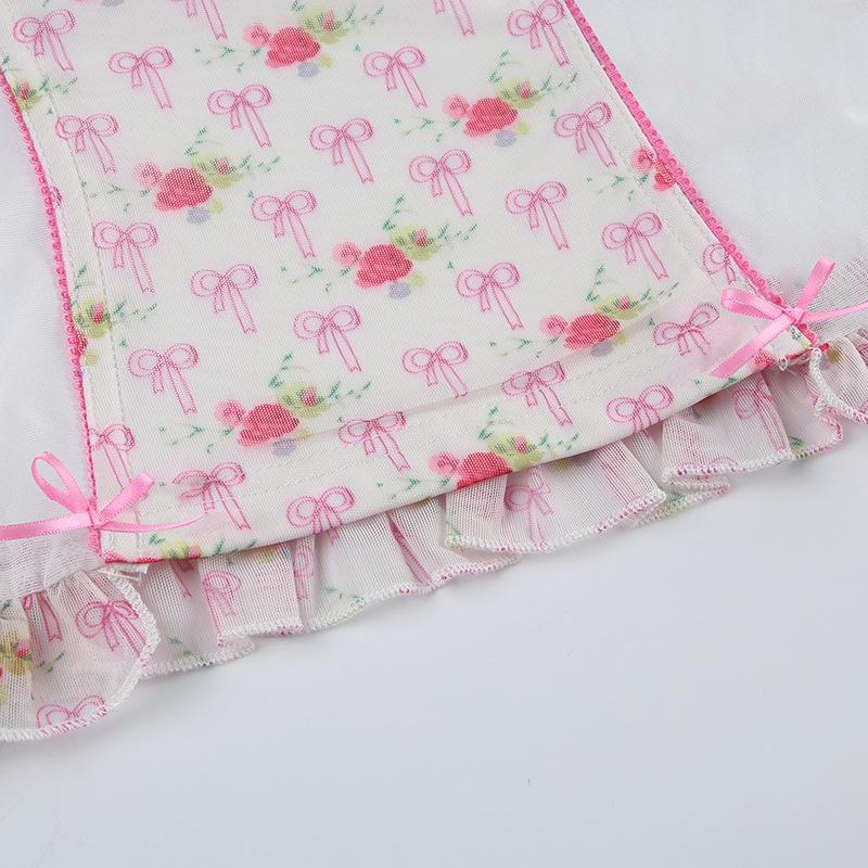 Ruffle stitch patchwork bowknot print cami top