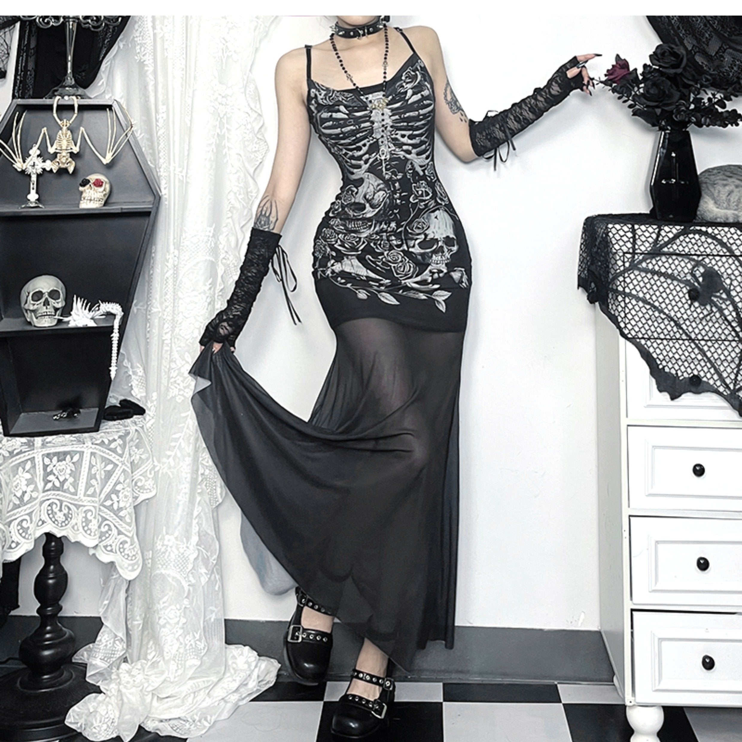 Human skeleton print mesh cami maxi dress