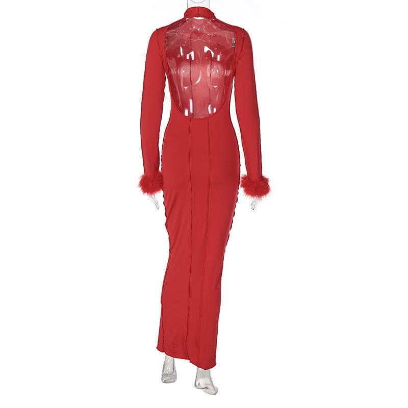 Long sleeve solid feather ruffle high neck backless midi dress  | red tango dress