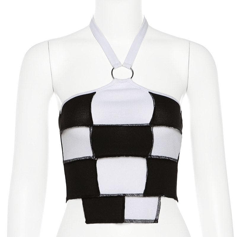 Halter o ring plaid stitch patchwork backless crop top