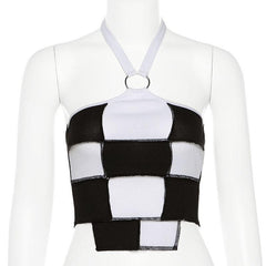 Halter o ring plaid stitch patchwork backless crop top