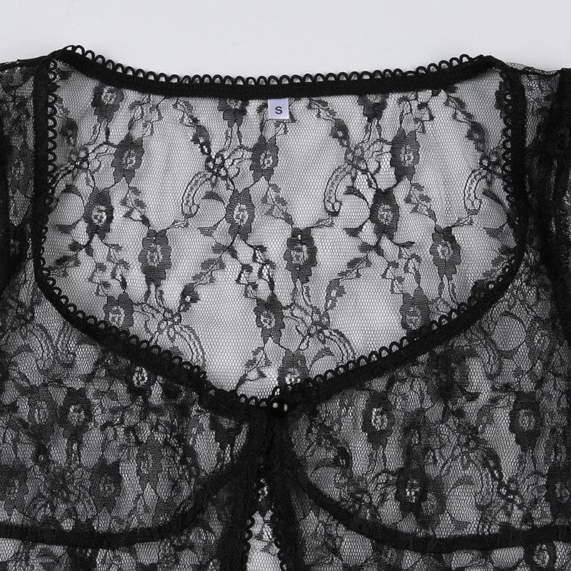 Lace short sleeve button see through ruffle solid top