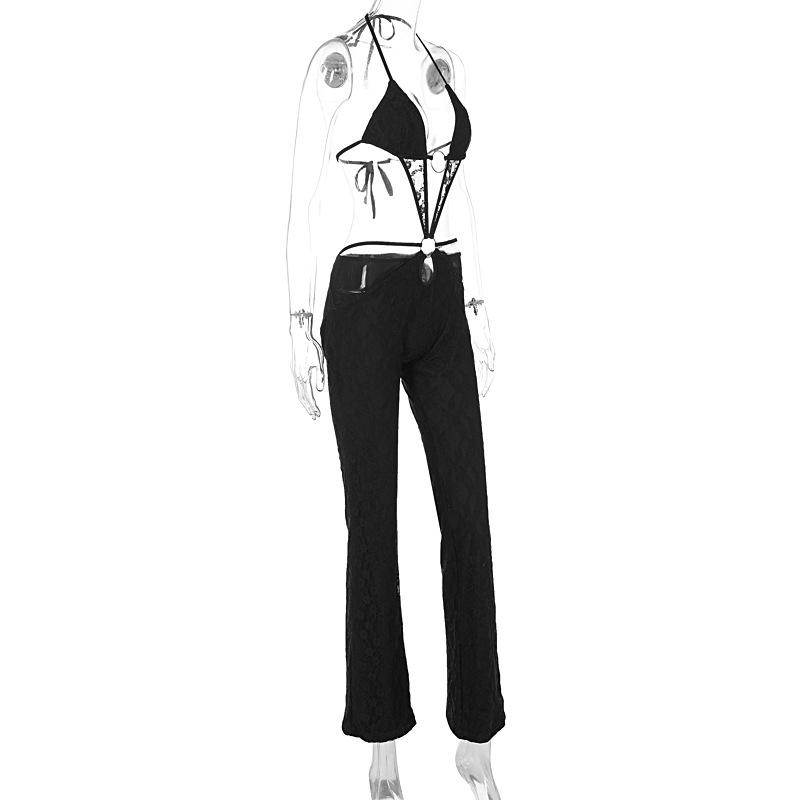 Halter lace o ring deep v neck hollow out jumpsuit