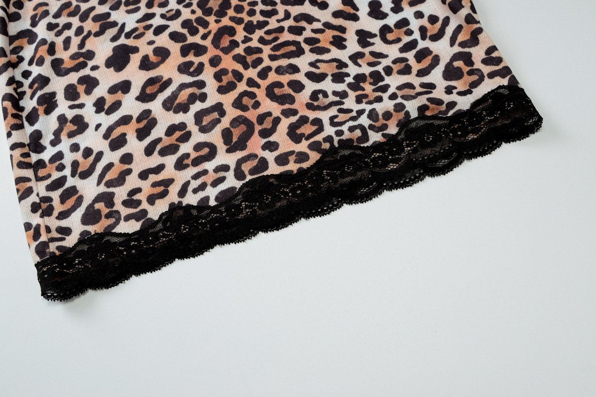 Leopard print v neck lace hem bowknot cami mini dress