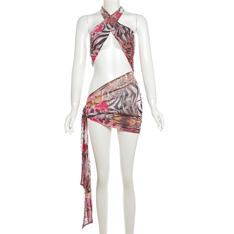 Cross front halter self tie print sheer mesh mini dress  | samba dress