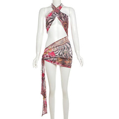 Cross front halter self tie print sheer mesh mini dress  | samba dress
