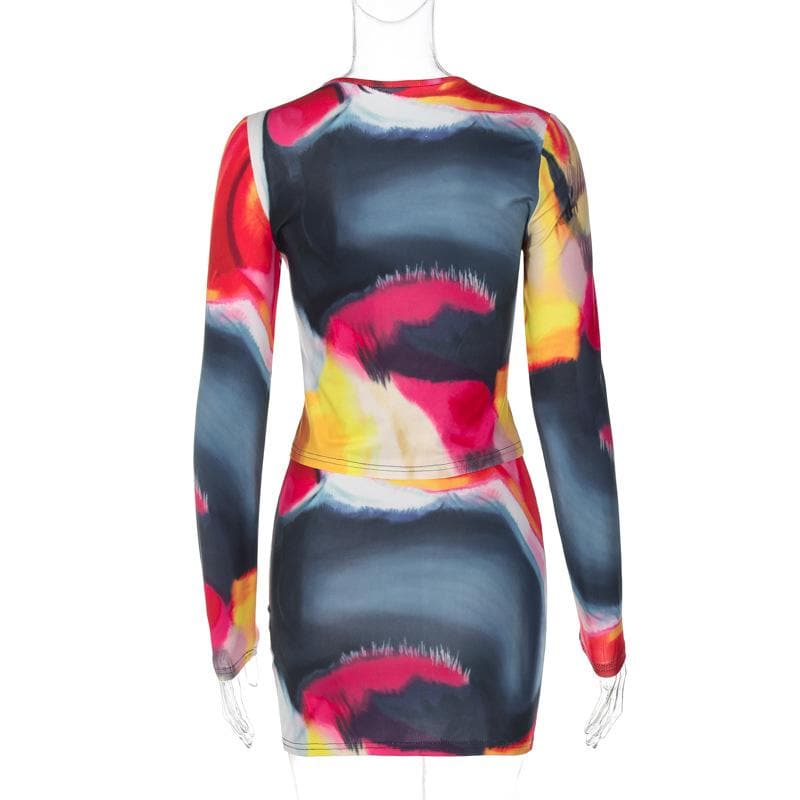 Long sleeve tie dye round neck mini skirt set