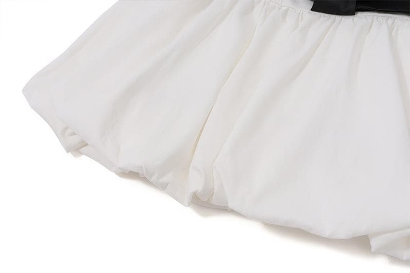 Long sleeve crewneck bowknot lace up ribbon ruched mini skirt set