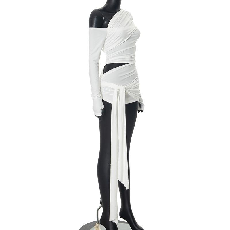 One shoulder long sleeve ruched hollow out knotted top