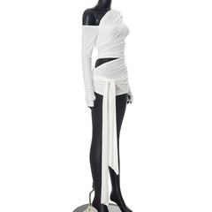 One shoulder long sleeve ruched hollow out knotted top