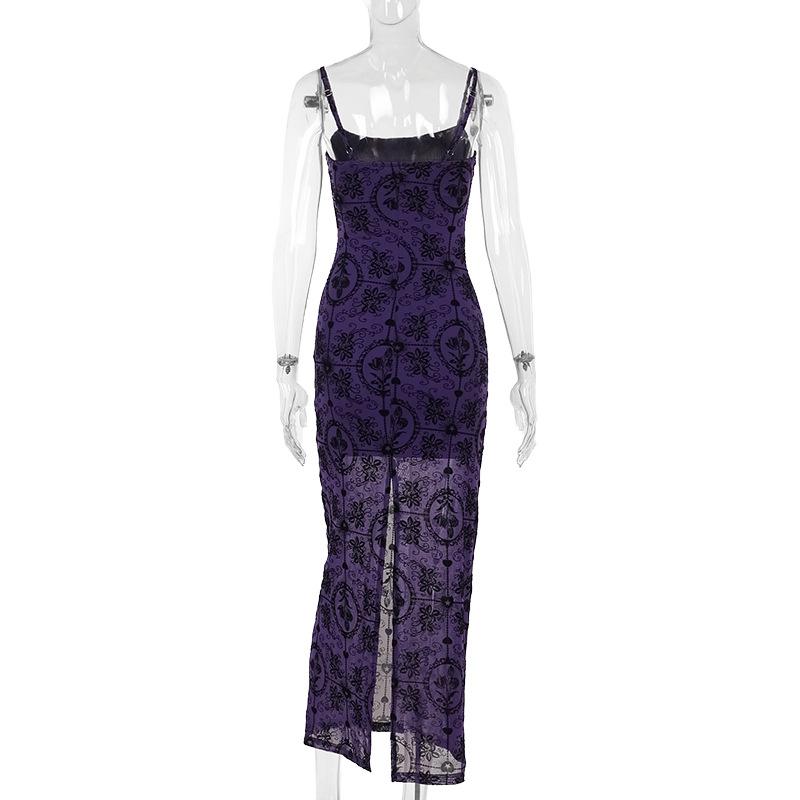 Mesh print slit cami maxi dress