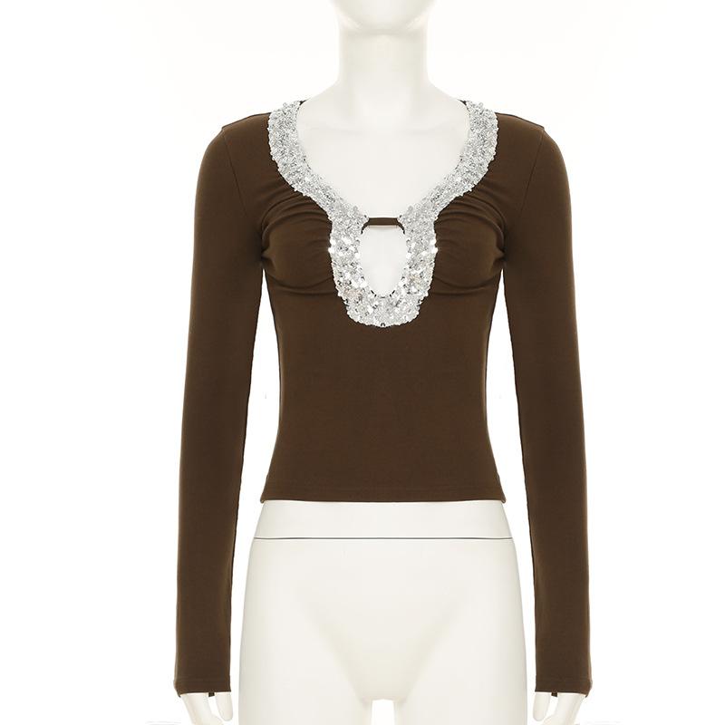 Long sleeve glitter hollow out top
