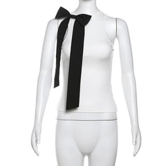 Bowknot crewneck ribbon contrast tank top