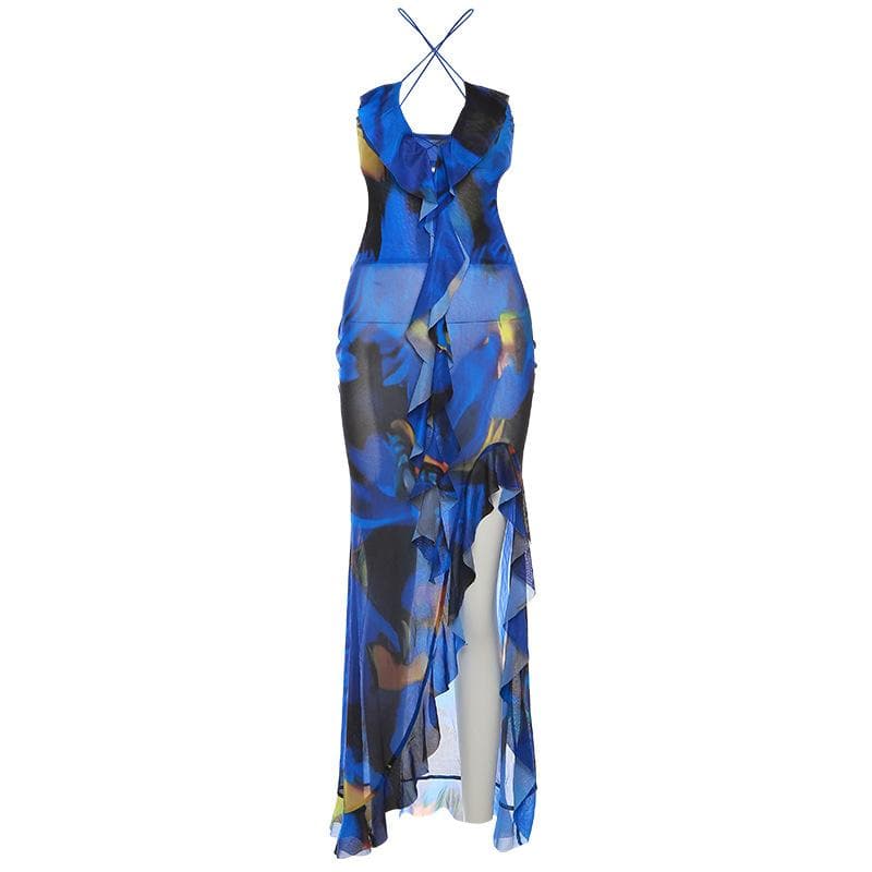 Cross front backless sheer mesh see through slit contrast print maxi dress  | samba dress