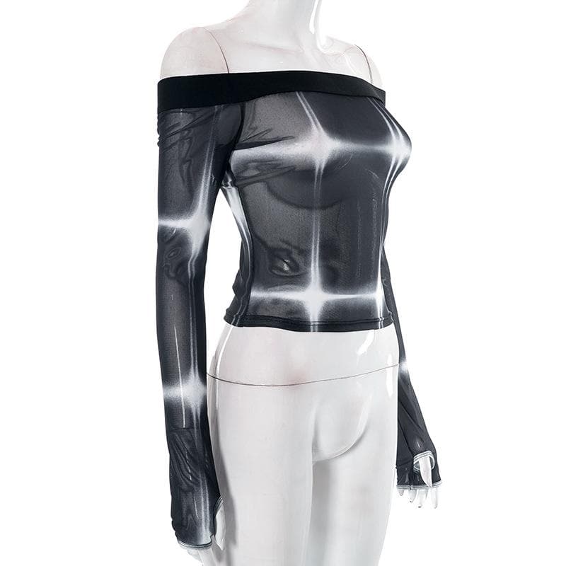 Tie dye contrast off shoulder long sleeve gloves sheer mesh see through top