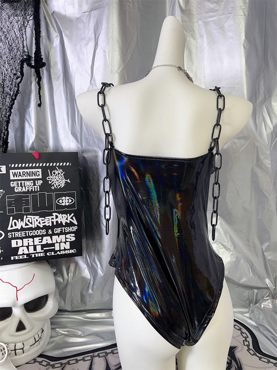 PU leather rivet metal chain bodysuit