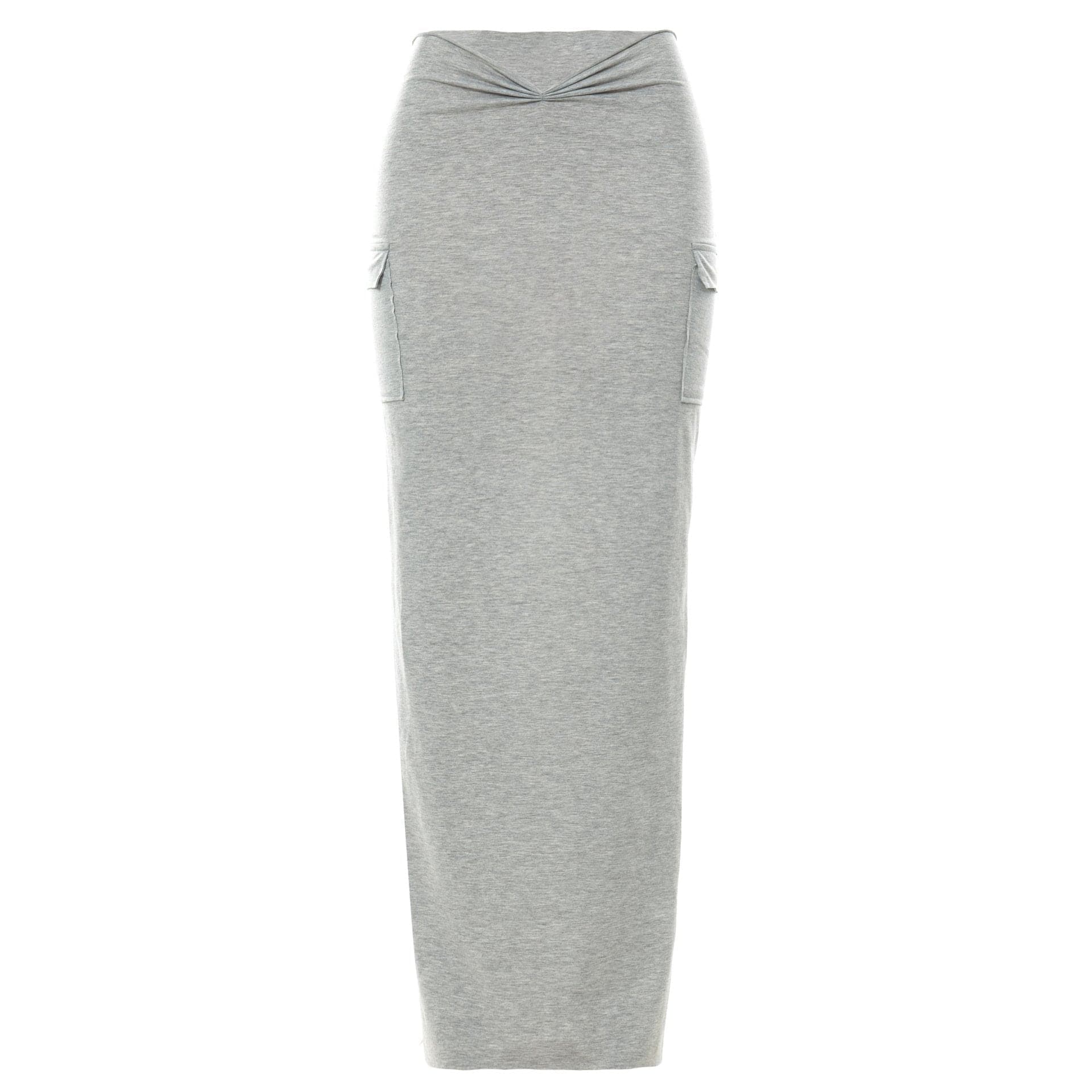 Ruched slit solid pocket high rise midi skirt