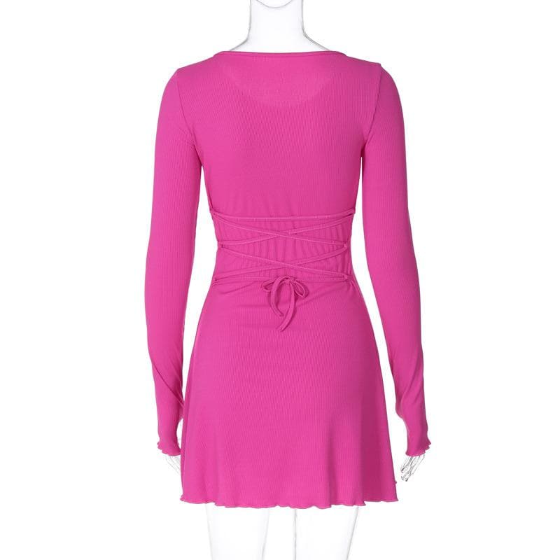 Ribbed solid long sleeve gloves lace up ruffle mini dress  | red tango dress