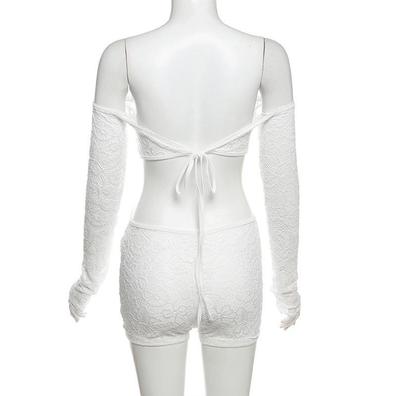 Long sleeve off shoulder backless lace see through romper
