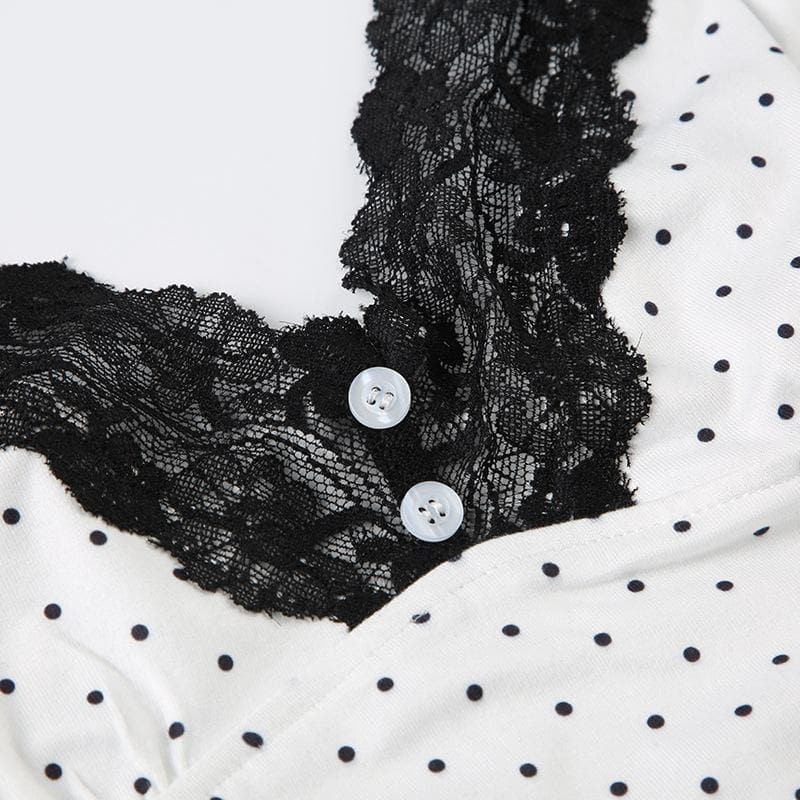 V neck lace hem polka dot button cami top